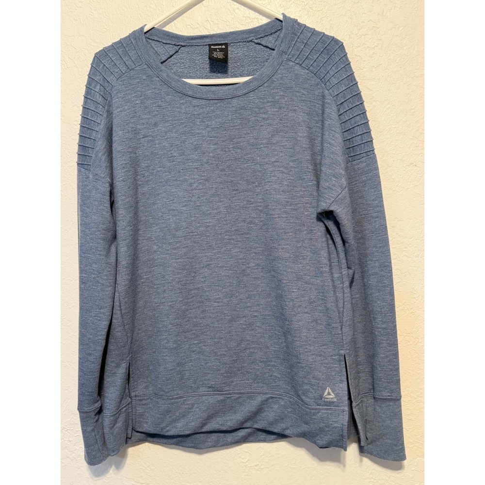 Reebok Womens Blue Heathered Moto Shoulder Thumbhole Activewear Sweatshirt Large